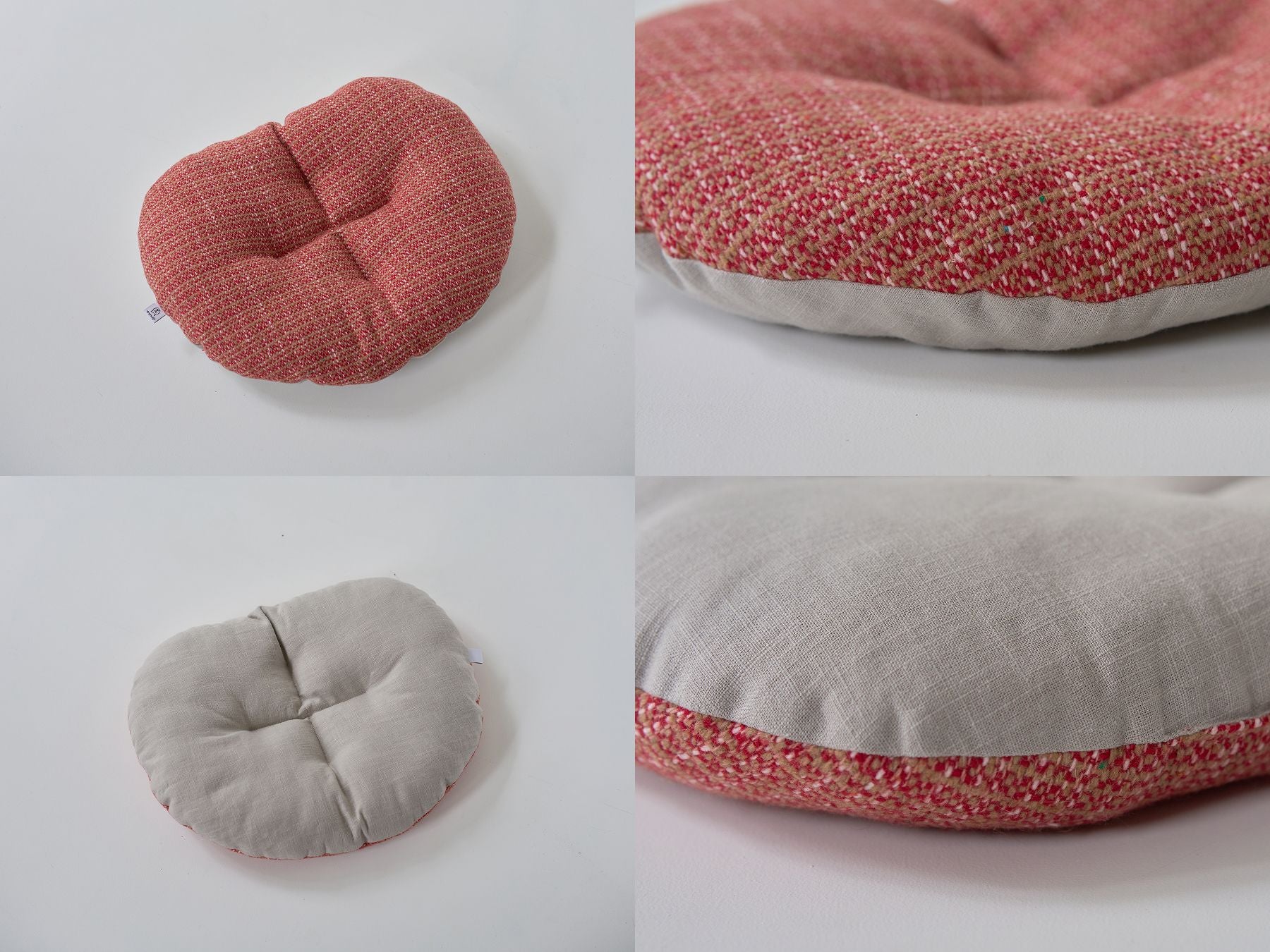 クッションのディテール。<br>
ツイード面がレッド、リネン面はライトグレー。
