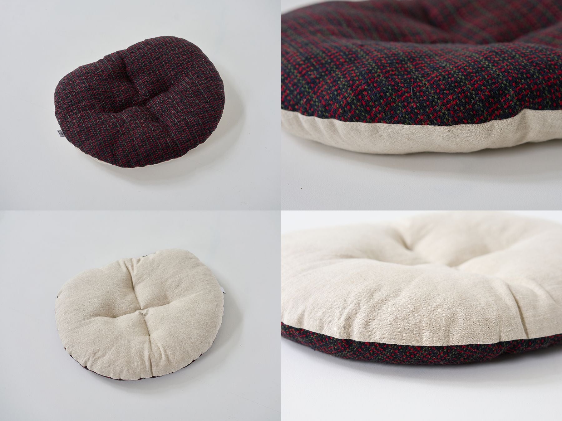 クッションのディテール。<br>
ツイード面がダークネイビー、リネン面はナチュラル。