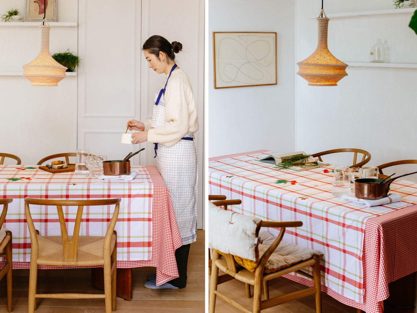 サイズ違いのArp Mandarin RedとFebry Tomatoを重ねて。<br>テーブルサイズ：187cm×77cm