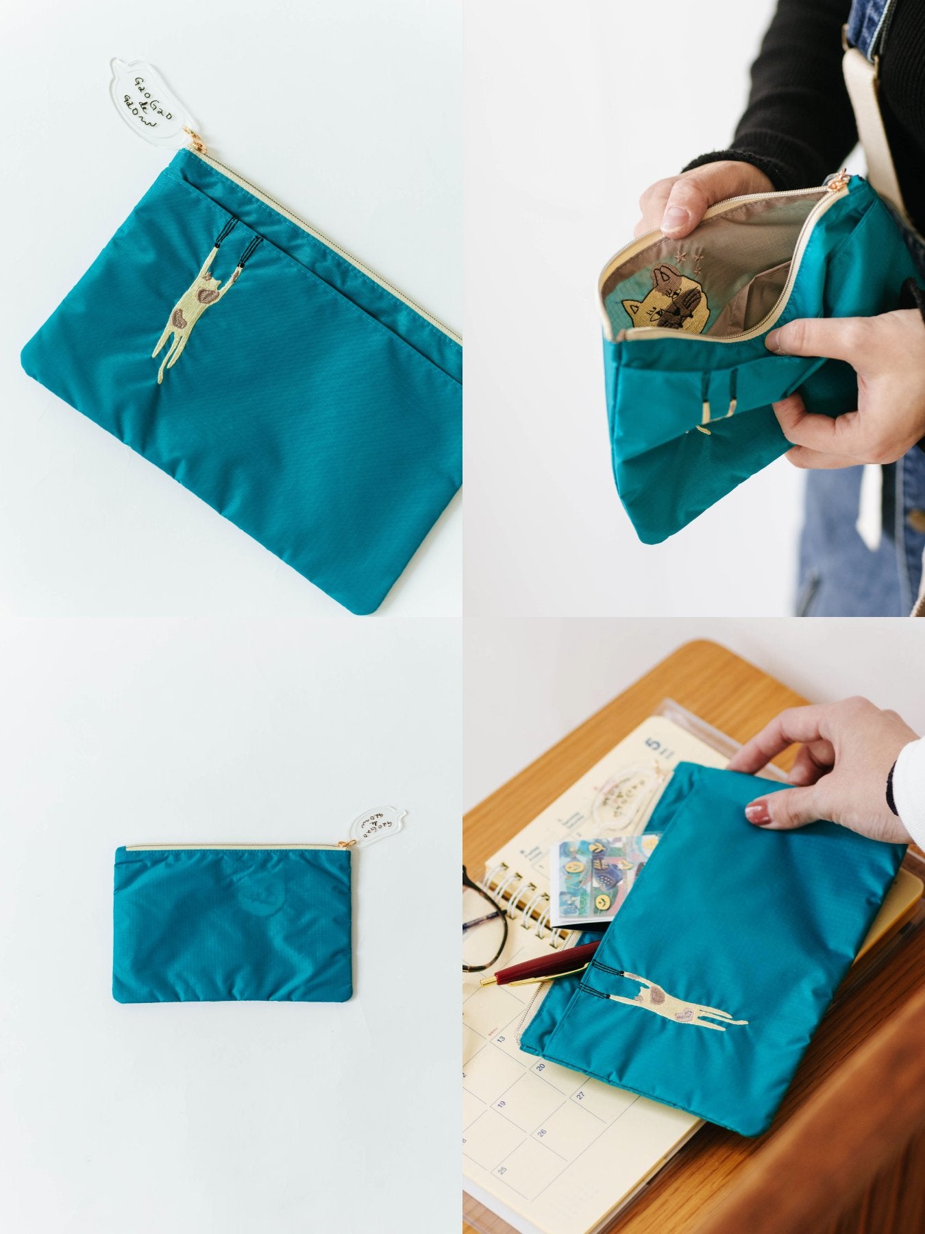 フラットポーチのディテール。内ポケット1つ、外ポケット1つ付き