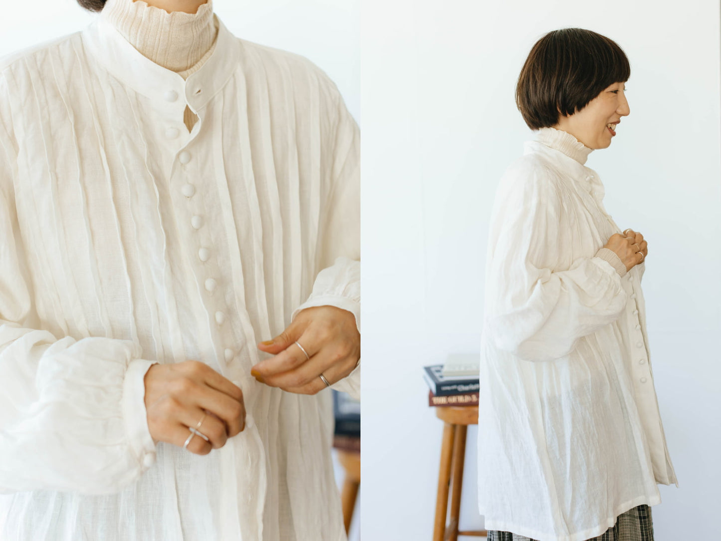 ichi Antiquités French Linen  Band Collar Tuck Blouse／ホワイト