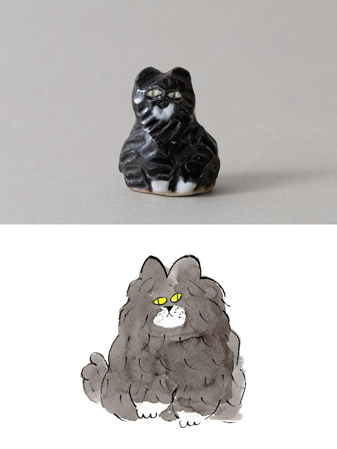 クロ猫（下は、作家の前川さんの原画です）