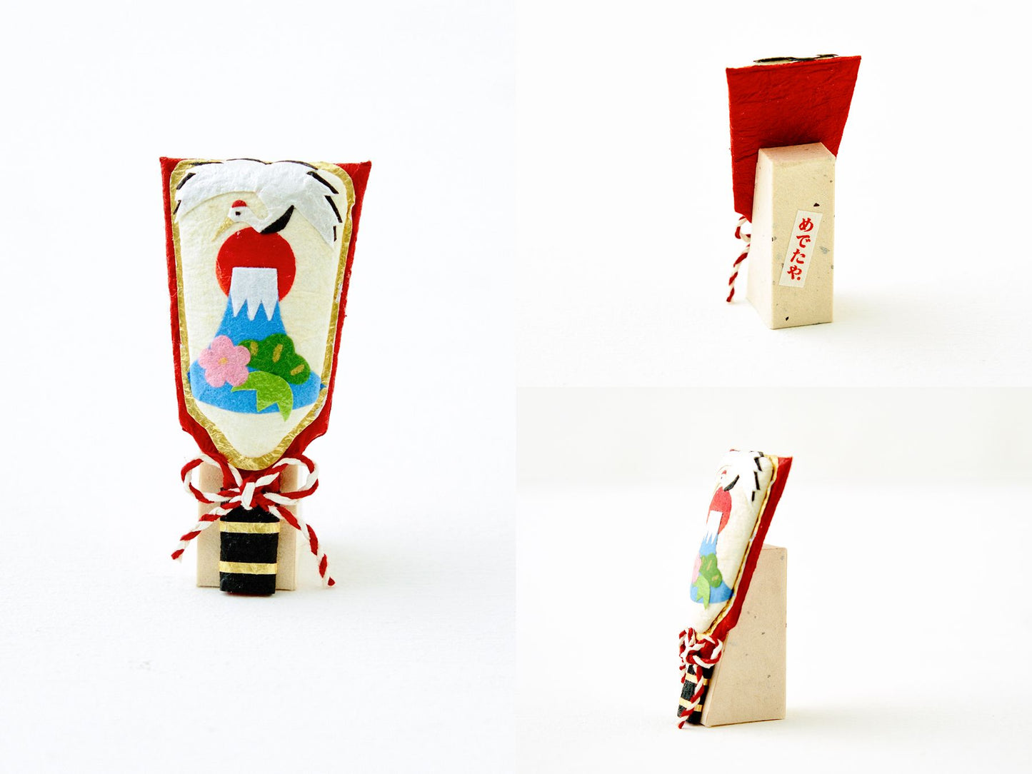 飾り羽子板／初日の出<br>
初日の出の富士山、鶴、松竹梅と、<br>
見ているだけで良いことがありそうな縁起ものの飾り羽子板。