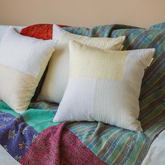 オリジナル・パッチワークカンタ スクエアクッションカバー／ホワイト