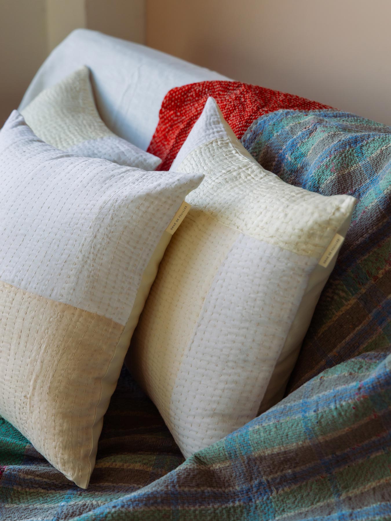 オリジナル・パッチワークカンタ スクエアクッションカバー／ホワイト