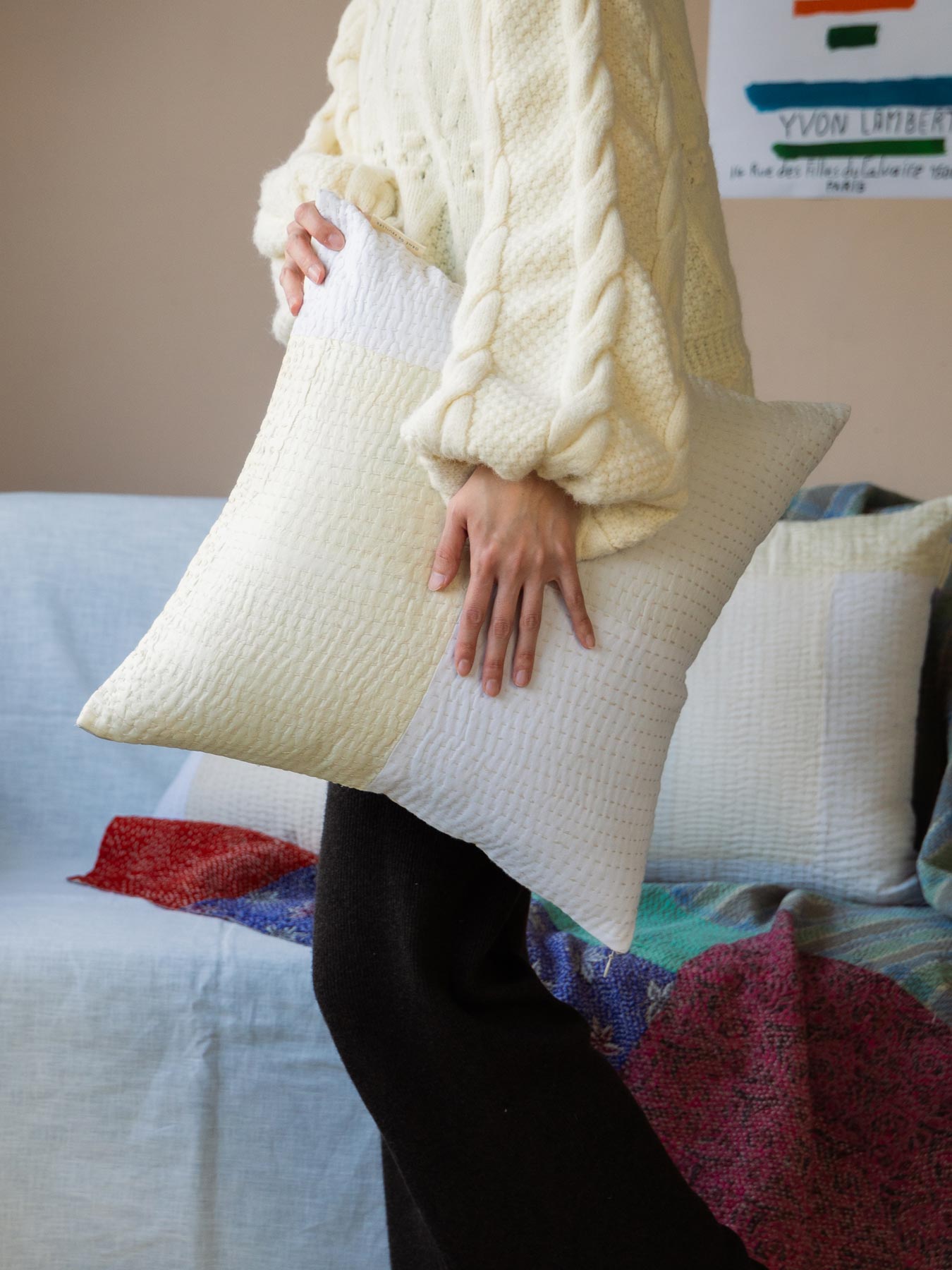 オリジナル・パッチワークカンタ スクエアクッションカバー／ホワイト