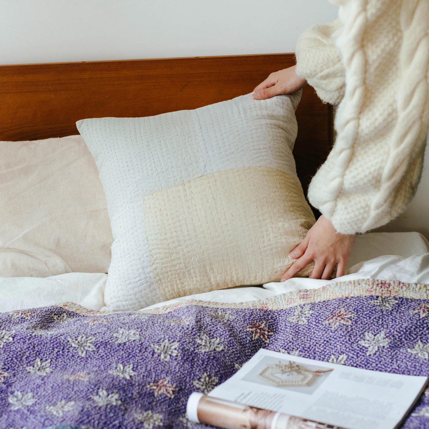 オリジナル・パッチワークカンタ スクエアクッションカバー／ホワイト