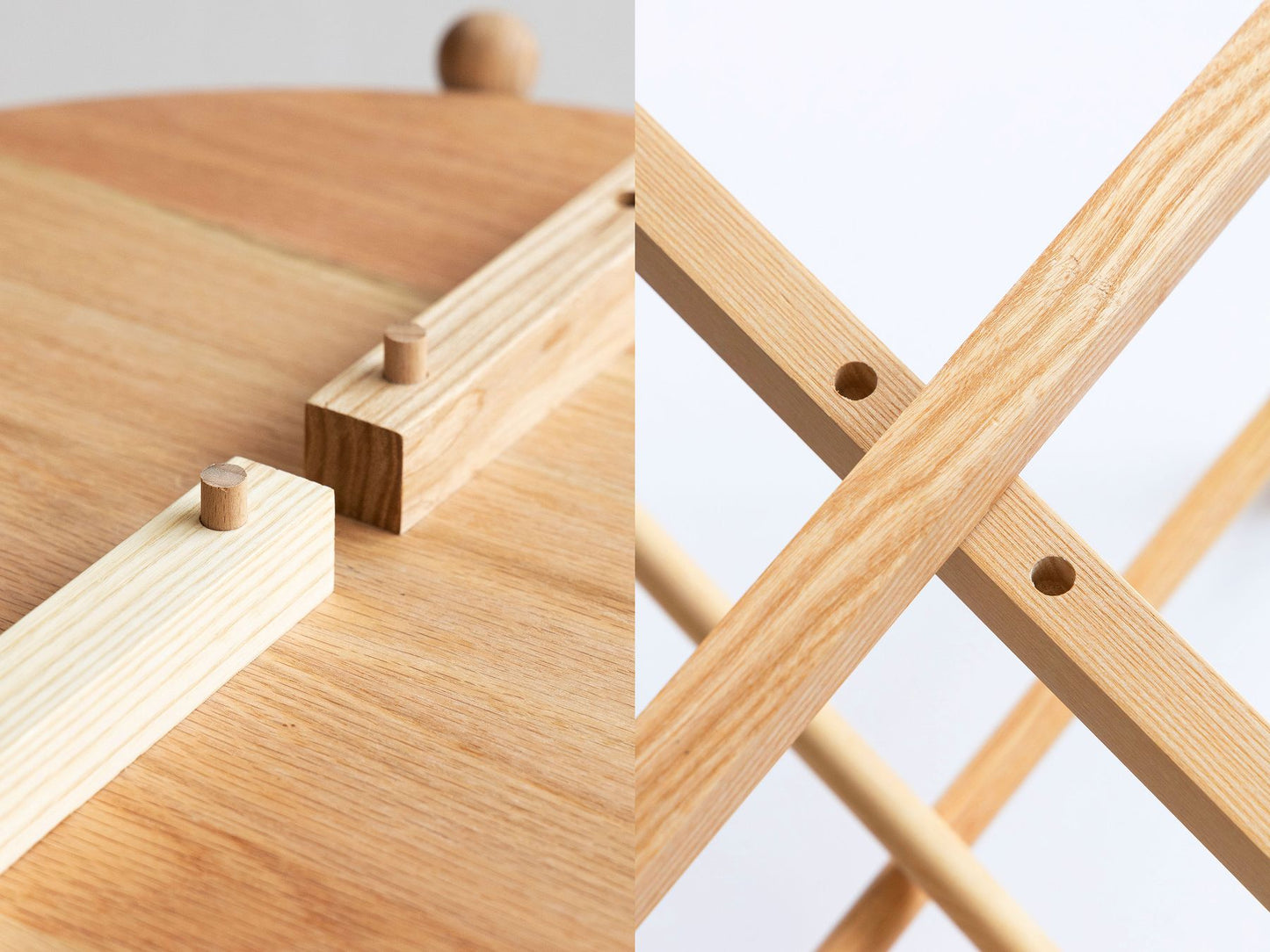 天板裏のダボと溝（写真左）、脚部分のダボ穴（写真右）部分の詳細。