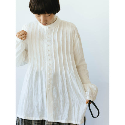 ichi Antiquités French Linen  Band Collar Tuck Blouse／ホワイト