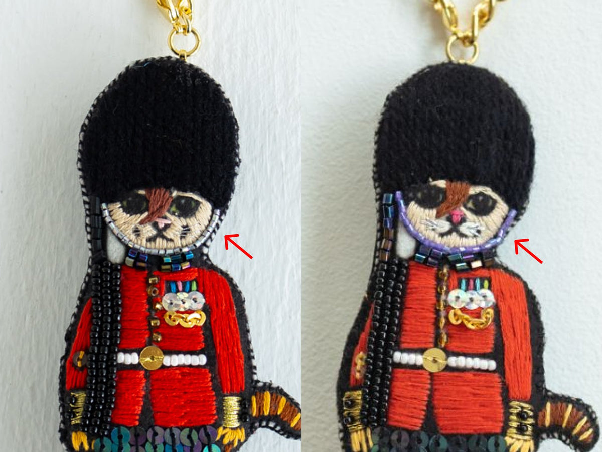 入荷時期により、刺繍糸・ビーズの色が多少異なる場合があります。
（画像は、あご紐・鼻・口周りの色が変わっている例。）