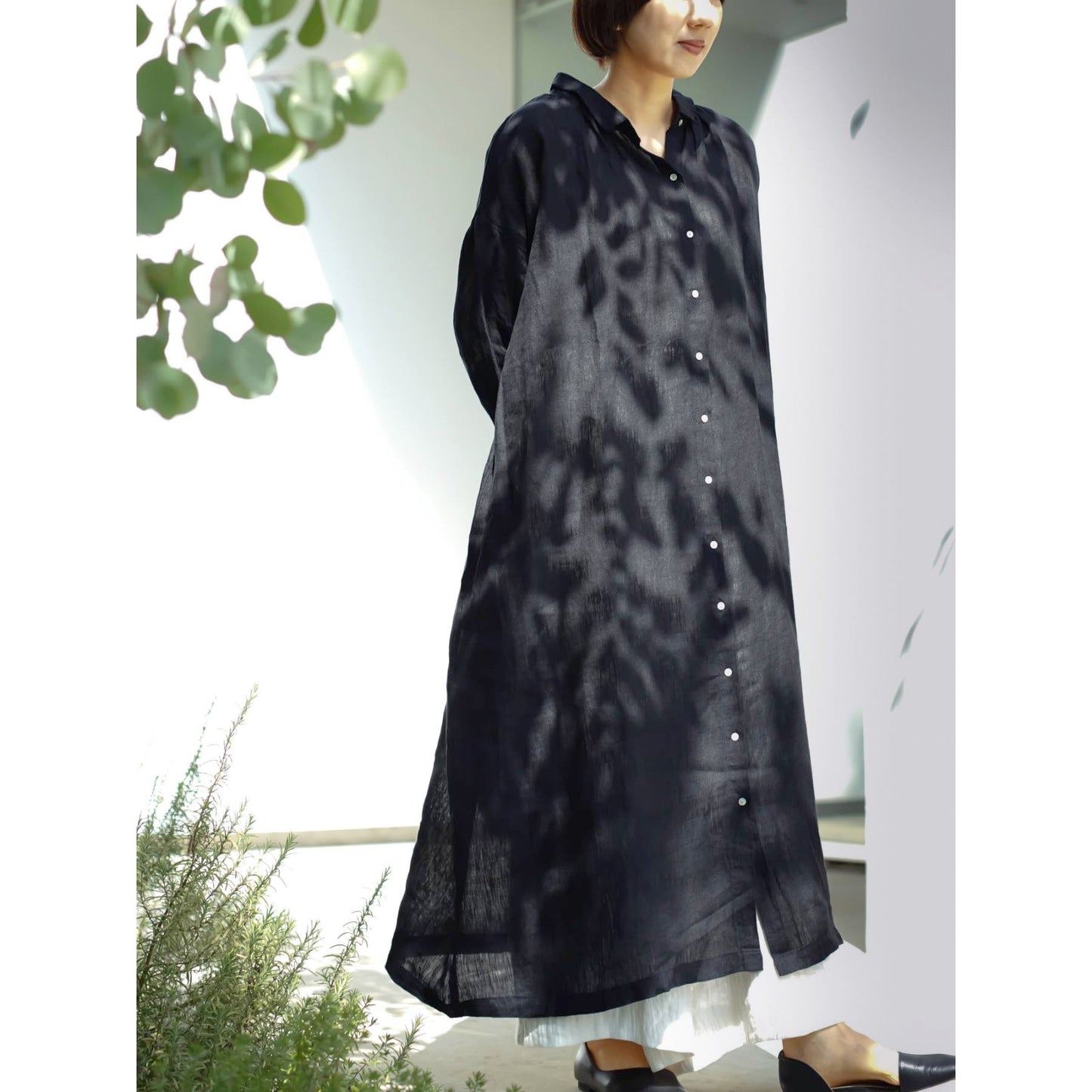 08Mab リネンシャンブレー ちび衿シャツワンピース