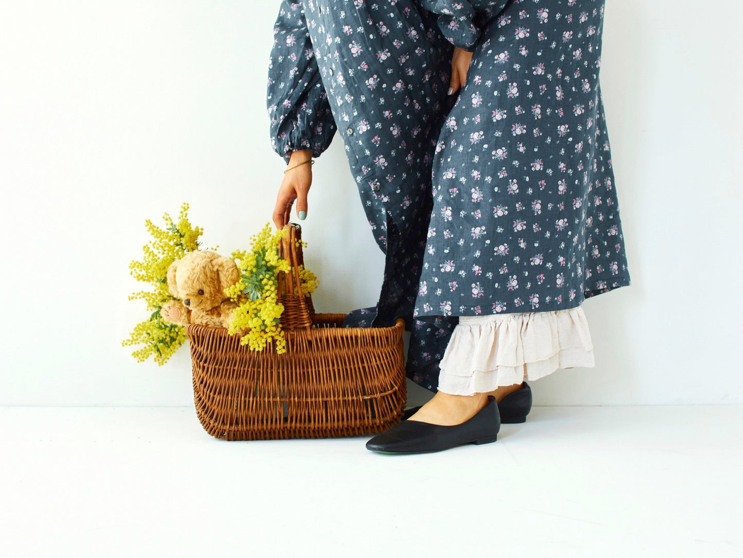 ichi Antiquités  Linen Floral Pattern dress／チャコール