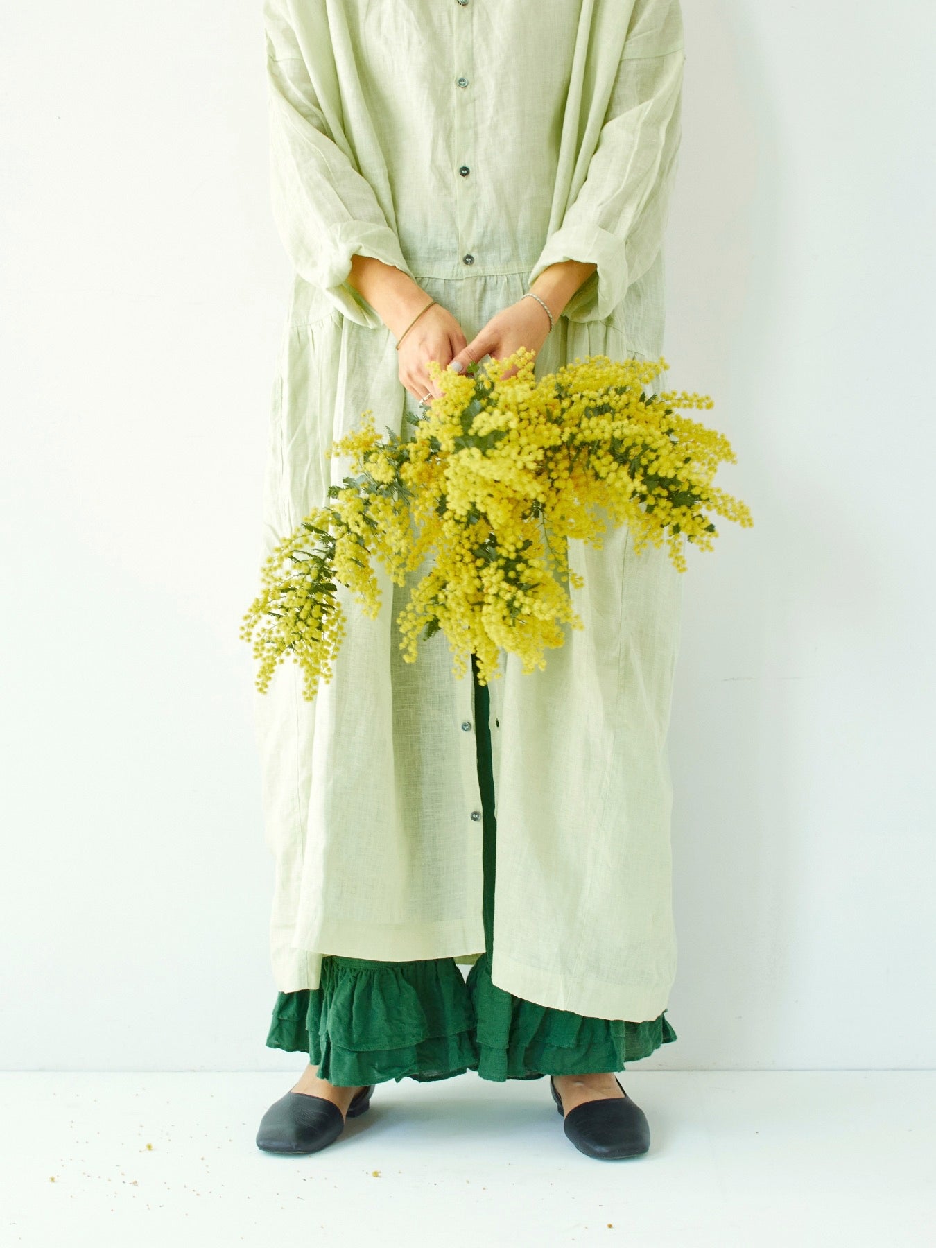 ichi Antiquités  Color Linen Dress／ライトグリーン