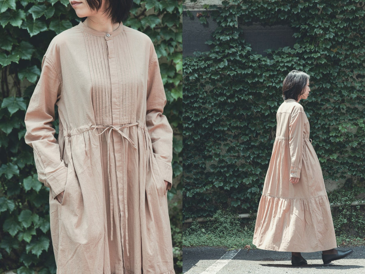 GALERIE TISSU オーガニックジョーゼット ピンタックシャツドレス