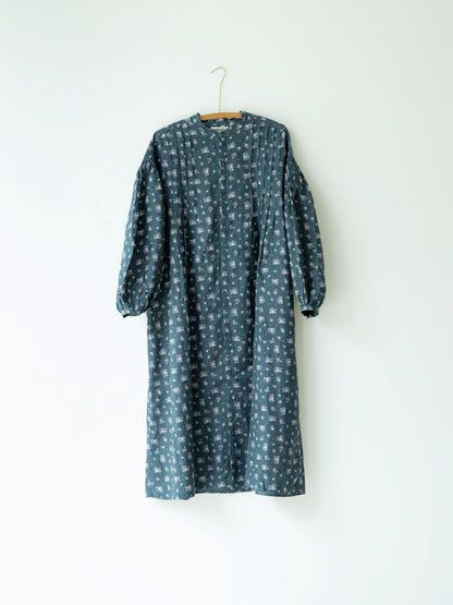 ich0001）Linen Floral Pattern dress／チャコール