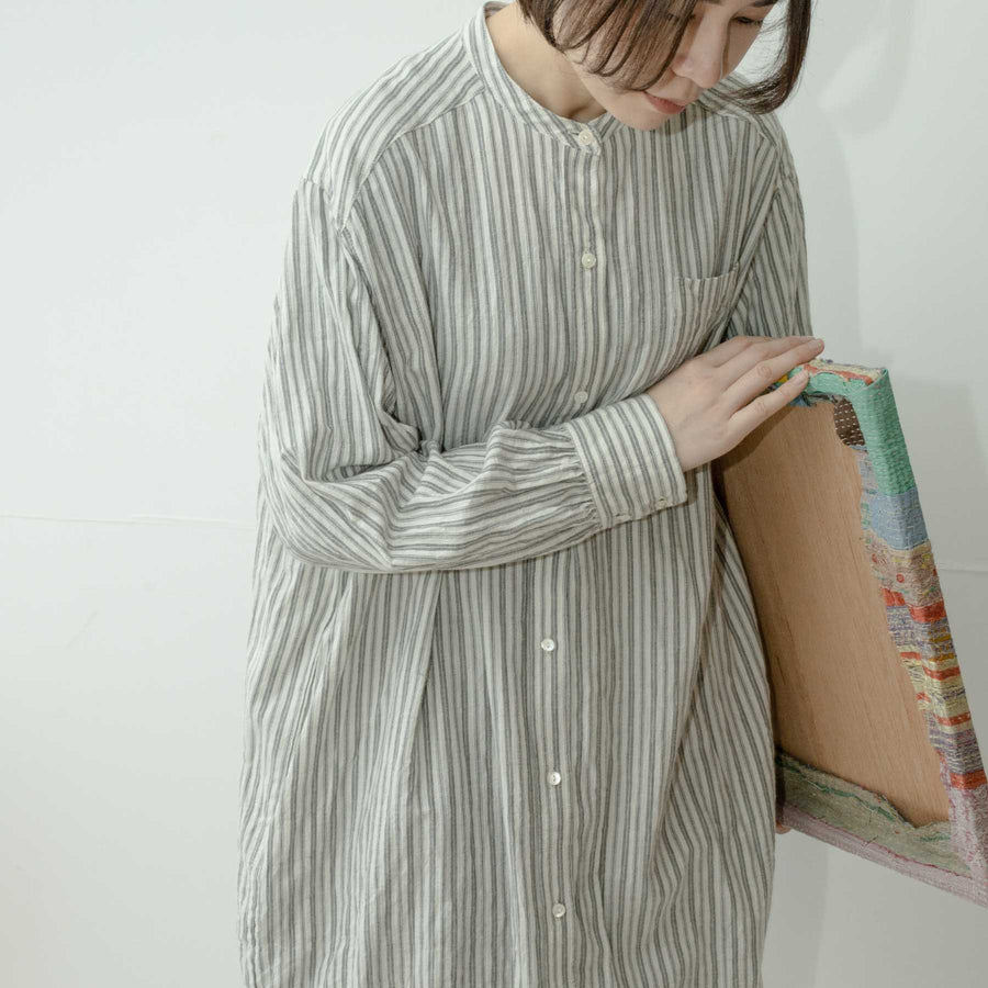 MidiUmi バンドカラーシャツワンピース／オフホワイトストライプ ...