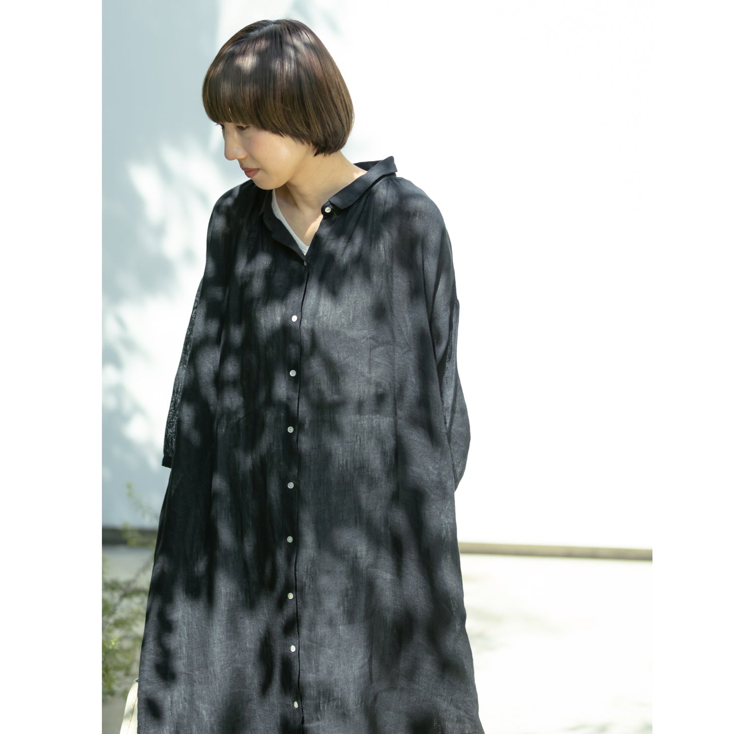 08Mab リネンシャンブレー ちび衿シャツワンピース
